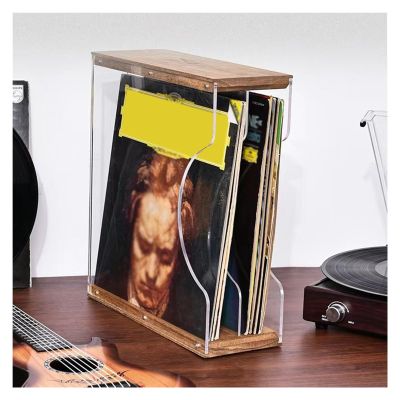 LZMZMQ Acrylic Vinyl Record Holder Countertop Rack, 2 Tier Wooden Table Record Display Box for Albums/Books/Magazines, for Living Room Bedroom Bars, Hold About 30 Records