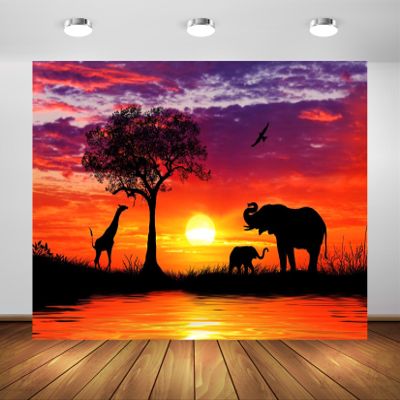 CORFOTO 8x6ft Fabric African Animals Backdrop Sunset Africa Safari Silhouette Background Elephant Wild Animals Backdrop for Photography Adults Portrait African Themed Party Safari Photo Booth Props