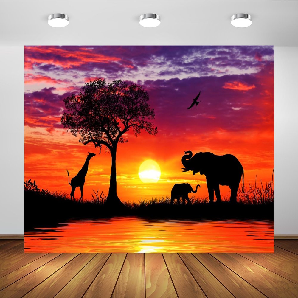 CORFOTO 8x6ft Fabric African Animals Backdrop Sunset Africa Safari Silhouette Background Elephant Wild Animals Backdrop for Photography Adults Portrait African Themed Party Safari Photo Booth Props