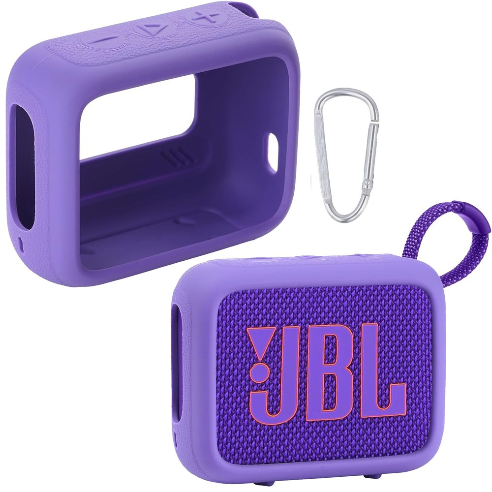 for JBL Go 4 Waterproof Bluetooth Speaker Silicone Cover Case, Portable Silicone Travel Case with Carabiner, Protective Skin Case (Purple Case) - co2CREA