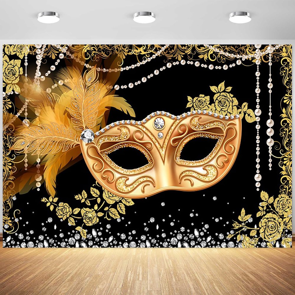 10x8ft Masquerade Backdrop Black and Gold Flowers Glitter Diamond Photography Background Masquerade Birthday Party Decoration Supplies Photo Booth Props Table Banner