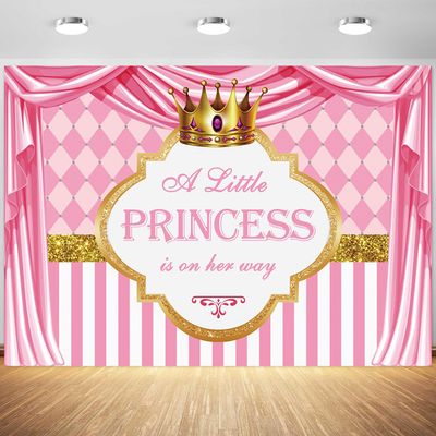 10x8ft Baby Shower Backdrop A Little Princess is on Her Way Pink Gold Crown Photography Background Girls Baby Shower Party Decoration Supplies Photo Booth Props Banner