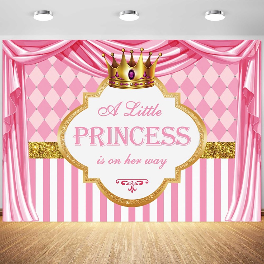 10x8ft Baby Shower Backdrop A Little Princess is on Her Way Pink Gold Crown Photography Background Girls Baby Shower Party Decoration Supplies Photo Booth Props Banner
