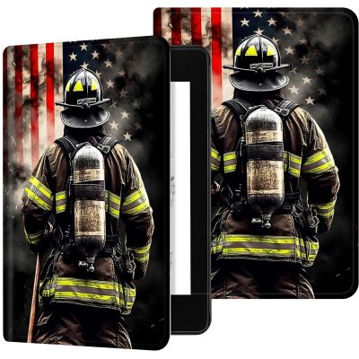 Case for 6.8" Kindle Paperwhite (11th Generation-2021/2023/2024), Slim PU Leather Adjustable Stand Smart Kindle Cover, with Auto Wake/Sleep for Kindle Paperwhite Signature Edition,Firefighter USA Flag