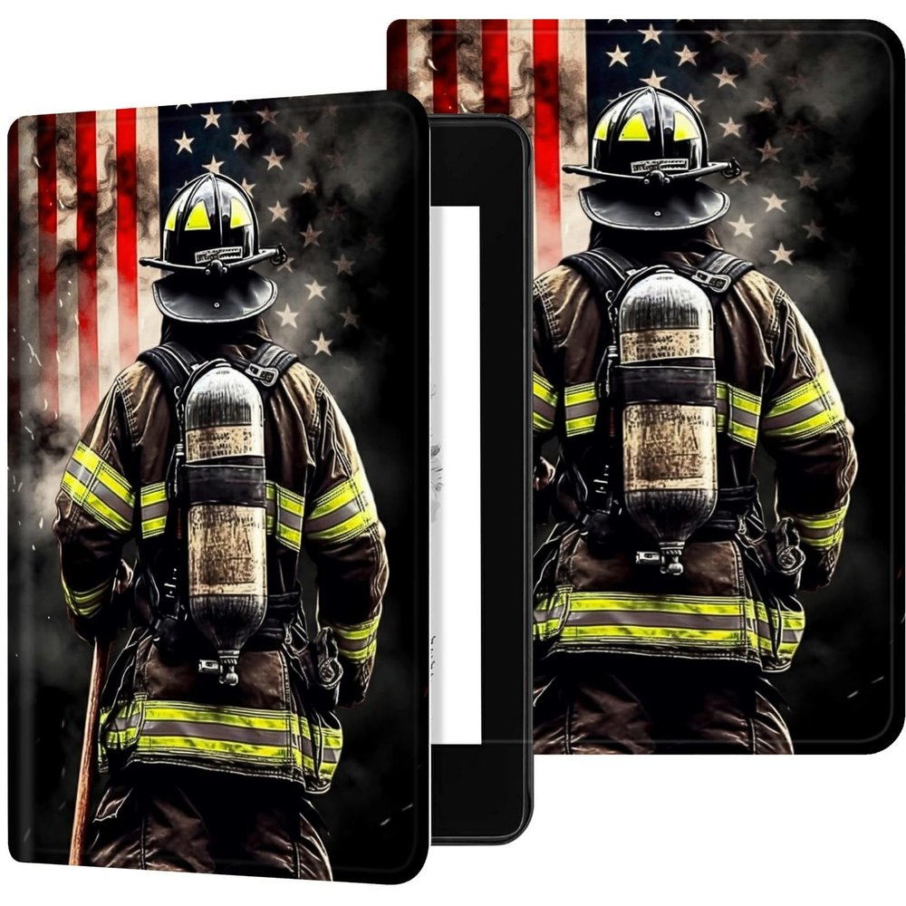 Case for 6.8" Kindle Paperwhite (11th Generation-2021/2023/2024), Slim PU Leather Adjustable Stand Smart Kindle Cover, with Auto Wake/Sleep for Kindle Paperwhite Signature Edition,Firefighter USA Flag