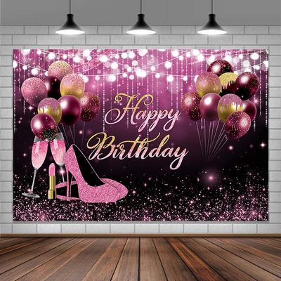 10 x 8 Black Gold Pink Glitters Birthday Backdrop for Girl Women Photoshoot Happy Birthday Party Banner High Heels Champagne Pink Golden Balloons Decorations Photography Background
