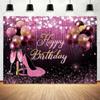 10 x 8 Black Gold Pink Glitters Birthday Backdrop for Girl Women Photoshoot Happy Birthday Party Banner High Heels Champagne Pink Golden Balloons Decorations Photography Background view 2