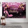 10 x 8 Black Gold Pink Glitters Birthday Backdrop for Girl Women Photoshoot Happy Birthday Party Banner High Heels Champagne Pink Golden Balloons Decorations Photography Background view 3