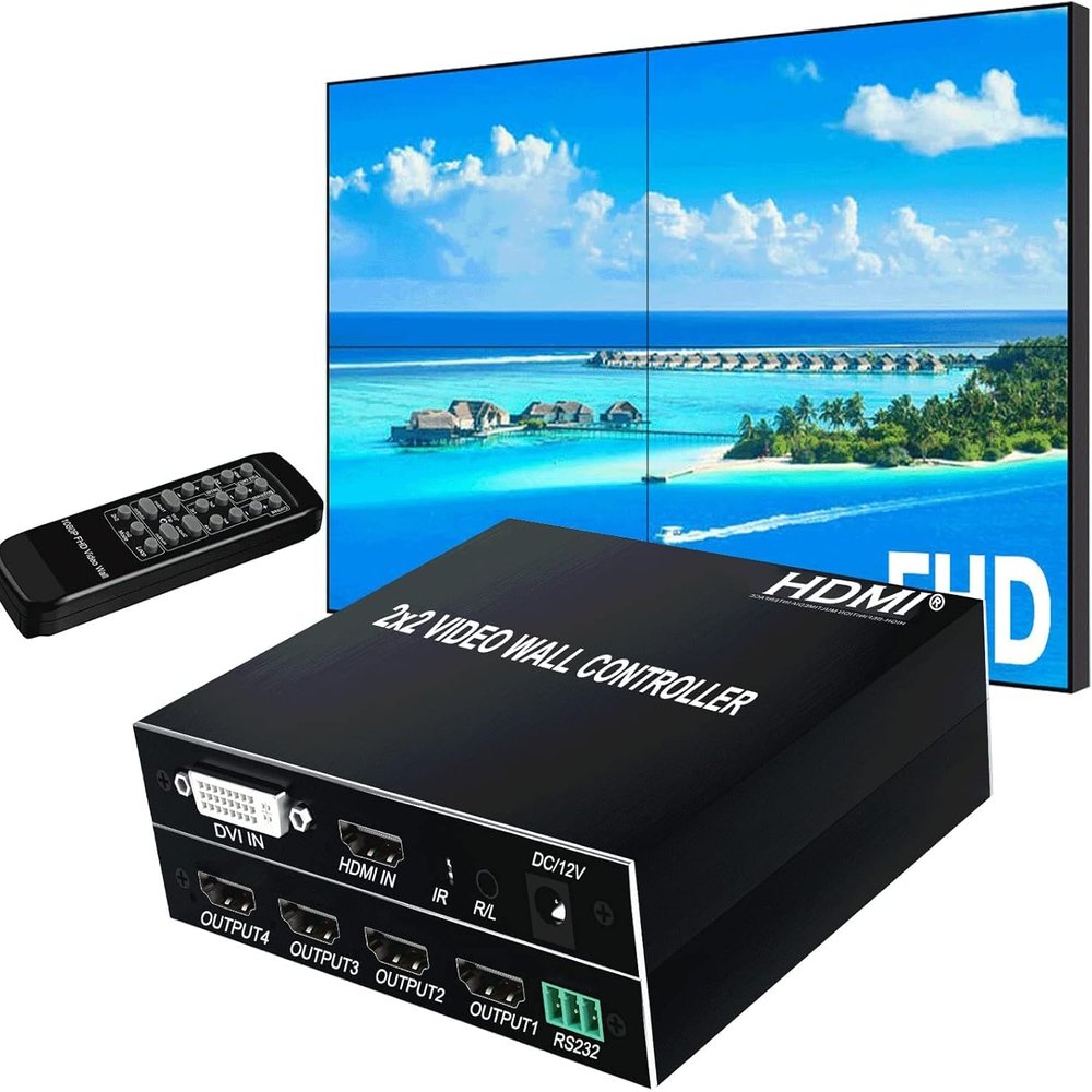 2x2 HDMI Video Wall Controller, HDMI & DVI Support 4K Input TV Wall Controller,1080P Output TV Wall Processor, IR Remote & RS232 Control,180 Degree Rotate 1x2,1x3,1x4,2x2,2x1,3x1x4x1 Video Wall
