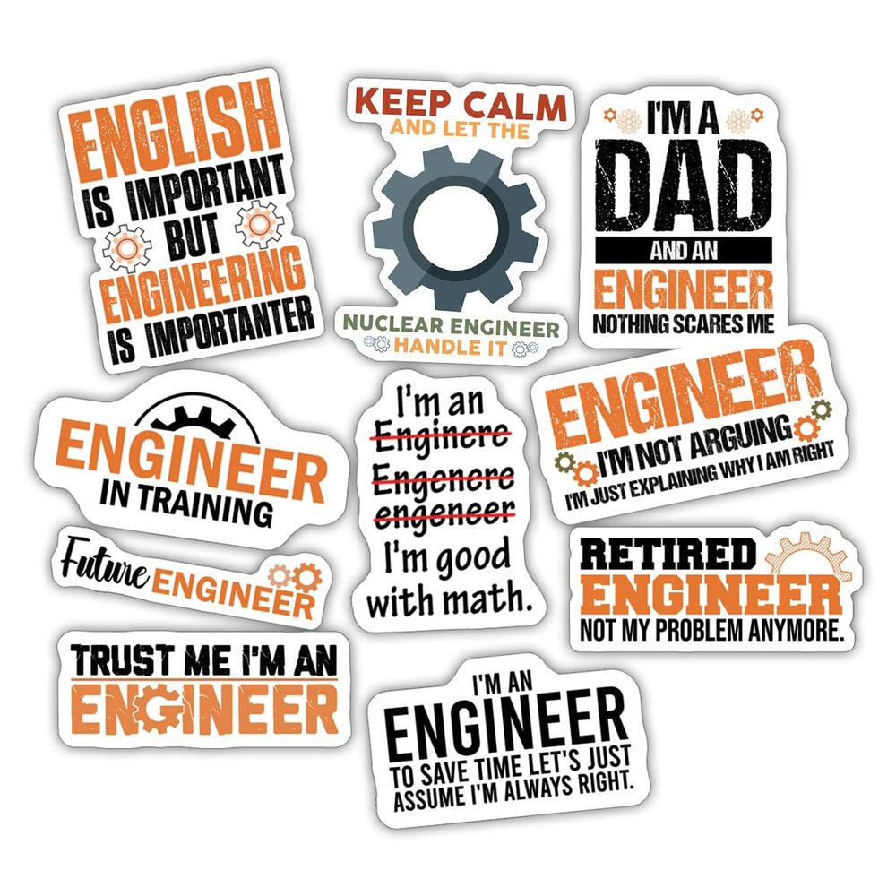 10pcs Engineer Sticker Sheet, Clever Cute Vinyl Decals for Engineering Students, Professionals, and Tech Innovators, Waterproof, UV-Resistant, for Laptop, Water Bottle, Journal, Notebook, Phone Case