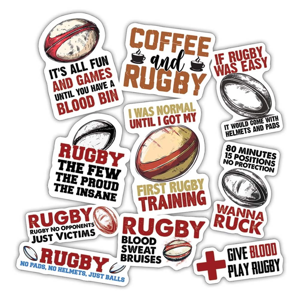 10pcs Rugby Sticker Sheet, Cute Vinyl Decals for Rugby Players, Coaches, Sport Lover, and Fans, Waterproof, UV-Resistant, for Laptop, Water Bottle, Journal, Locker, Gear Bag, Notebook, Phone Case