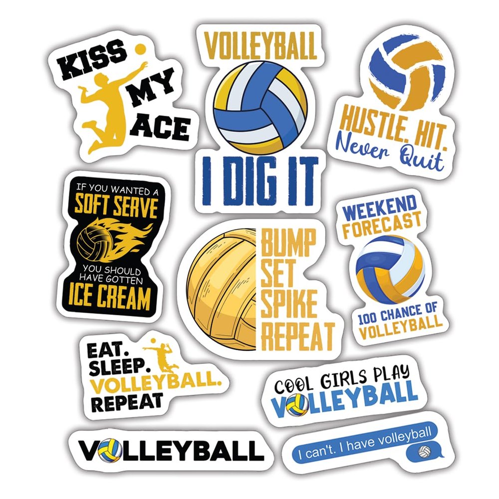 10pcs Volleyball Sticker Sheet, Sporty and Cute Vinyl Decals for Players, Coaches, and Team Fans, Waterproof, UV-Resistant, for Laptop, Water Bottle, Journal, Notebook, Locker, Phone Case (Volleyball)