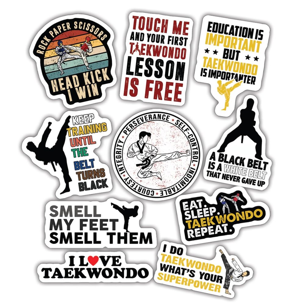 10pcs Taekwondo Sticker Sheet, Martial Arts Vinyl Decals for Taekwondo Students, Masters, and Sports Warriors, Waterproof, UV-Resistant, for Laptop, Water Bottle, Journal, Notebook, Phone Case