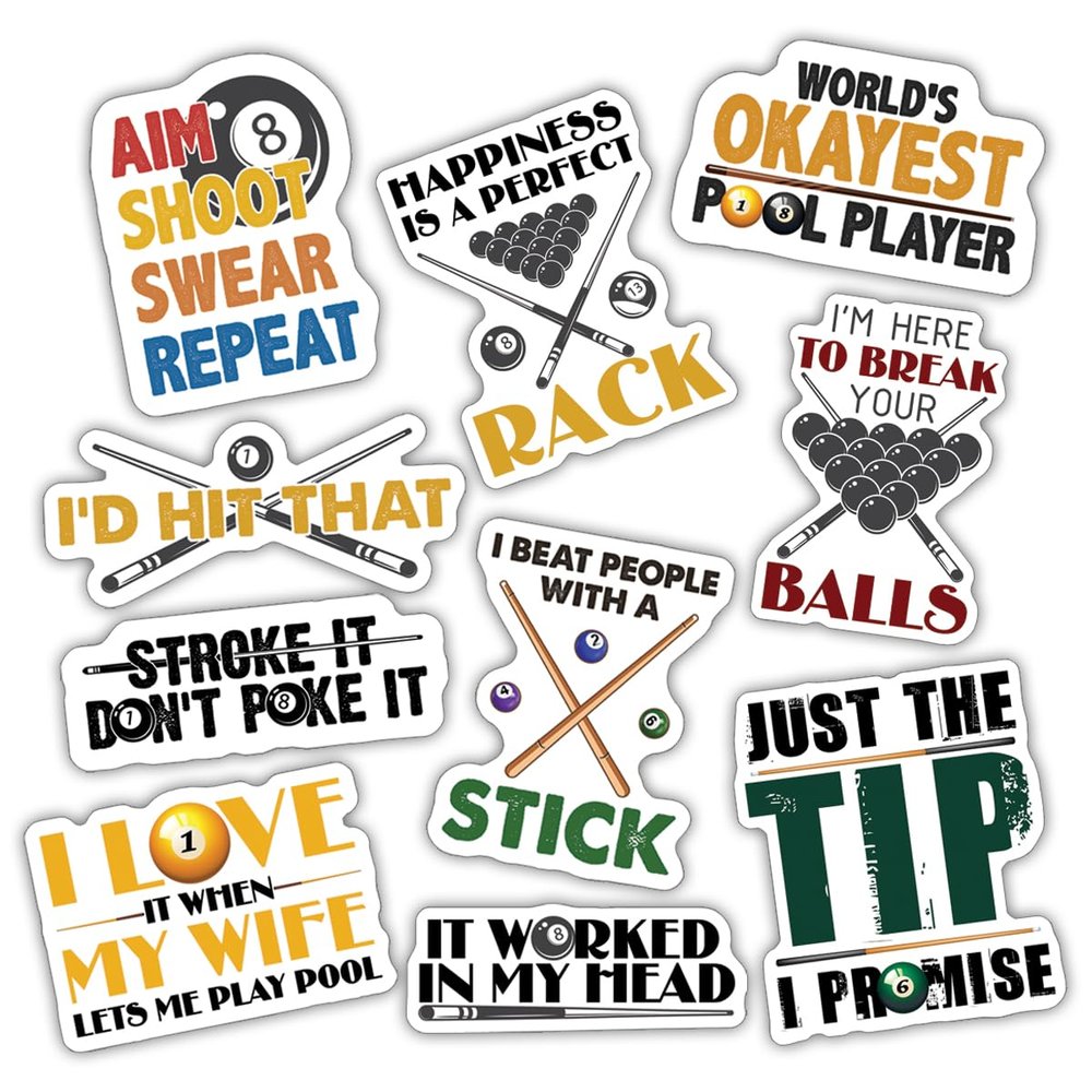 10pcs Billiards Sticker Sheet, Cute Vinyl Decals for Pool Players, Cue Sports Fans, and Game Room Decor, Waterproof, UV-Resistant, for Laptop, Water Bottle, Journal, Notebook, Phone Case