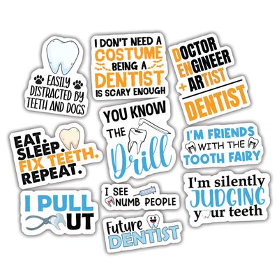 10pcs Dentist Sticker Sheet, Funny and Cute Vinyl Decals for Dentists, Dental Hygienists, Assistants, and Students, Waterproof, UV-Resistant, for Laptop, Water Bottle, Notebook, Phone Case (Dentist)