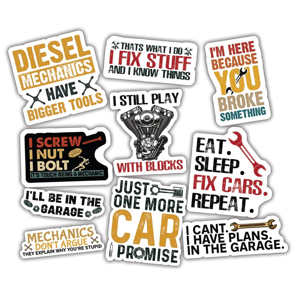 10pcs Mechanic Stickers Sheet, Waterproof, UV-Resistant, Hard Hat, Funny, Construction, Tool Box, Toolbox Accessories, Welding, Helmet, Truck Stickers for Men for Laptop, Water Bottle, Journal