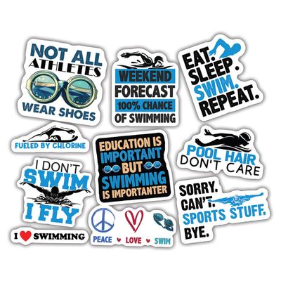 10pcs Swimming Sticker Sheet, Cute Sporty Vinyl Decals for Swimmers, Coaches, and Swim Teams, Waterproof, UV-Resistant, for Laptop, Water Bottle, Journal, Notebook, Locker, Phone Case