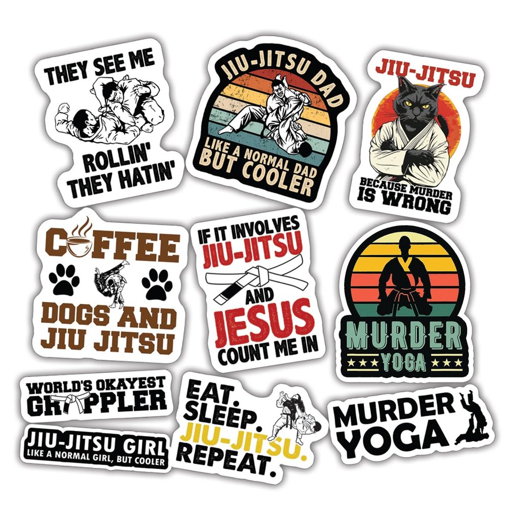 10pcs Jiu Jitsu Stickers Sheet, Waterproof, UV-Resistant, Gifts for Men, Women, Ideal BJJ Stickers for Laptop, Water Bottle, Journal, Phone Case, Notebook (Jiu Jitsu)