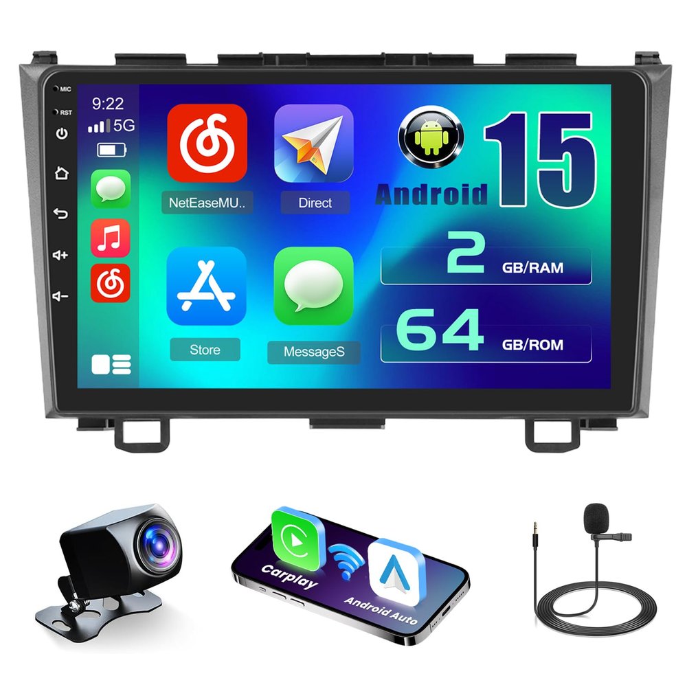 [2+64GB] Android 15 Car Radio for Honda CRV 2007-2011 with Wireless CarPlay Android Auto, 9 Inch HD Touchscreen Car Stereo with WiFi GPS Bluetooth FM/RDS SWC Backup Camera MIC