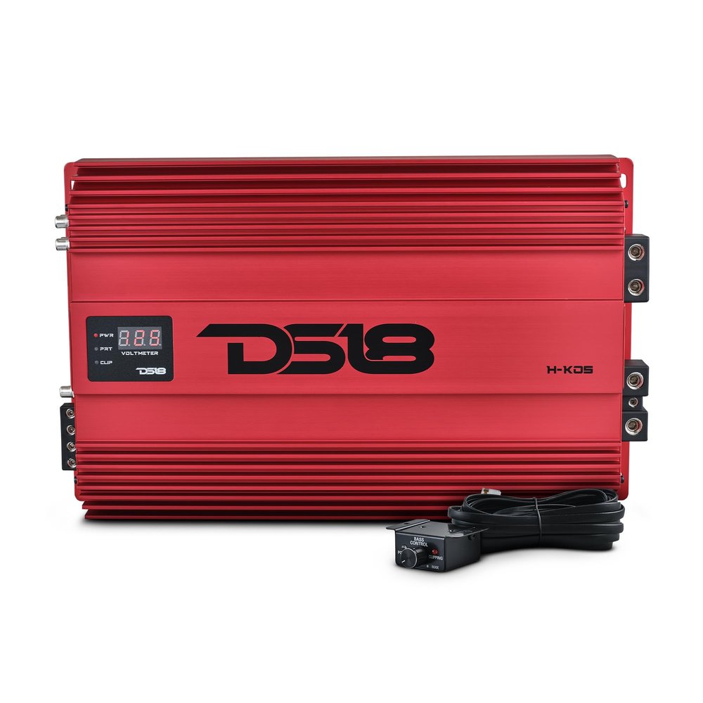 DS18 H-KO5/RD Korean Half Bridge 1-Channel Monoblock Amplifier with Voltmeter and Clip Indicator, 5000 Watts Rms - Remote BASS Knob Included