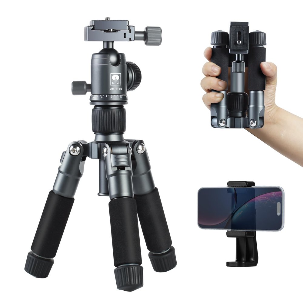 SIRUI Compact Mini Desktop Tripod, 20" Aluminum Portable Small Tabletop Tripod Stand with 360 Ball Head for DSLR, Camera, Phone, Loaded up to 17.64lbs, Phone Holder Included, AM-TT50