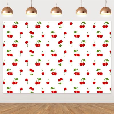 5x3ft White Cherry Themed Backdrop Fruits Cartoon Backdrops Cherry Themed Photography Background Photo Studio Props for Boys Girls Baby Shower 1st 2nd 3rd Birthday Cherry Themed Decor Supplies