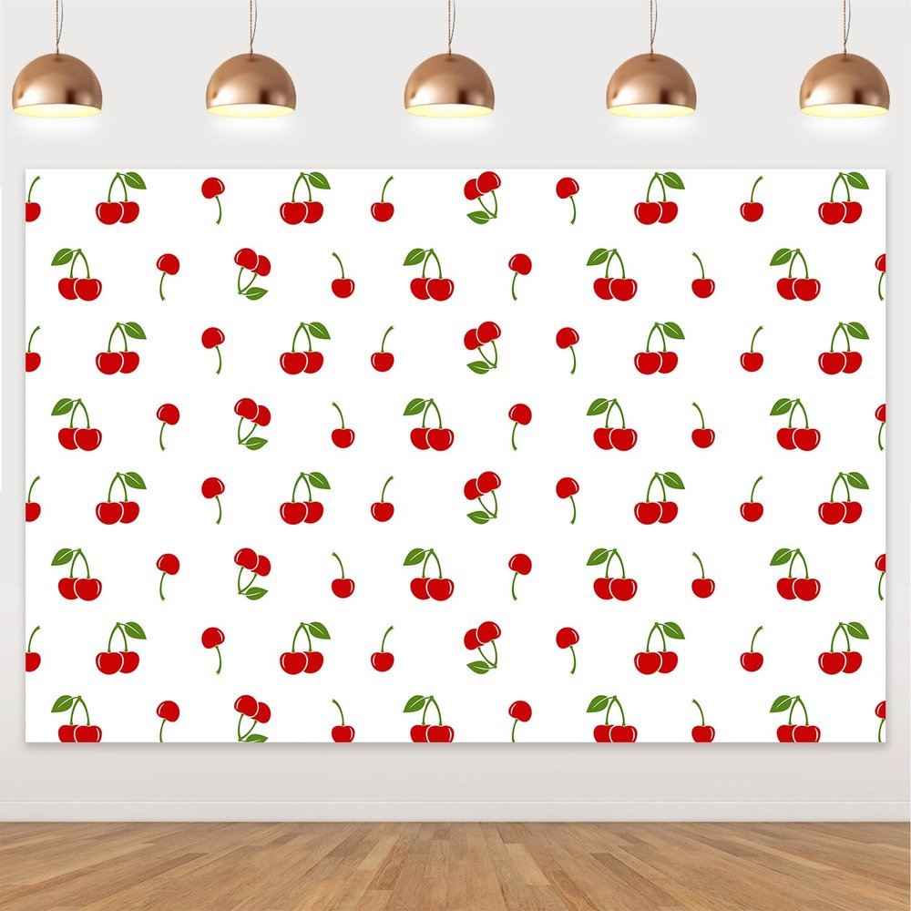 5x3ft White Cherry Themed Backdrop Fruits Cartoon Backdrops Cherry Themed Photography Background Photo Studio Props for Boys Girls Baby Shower 1st 2nd 3rd Birthday Cherry Themed Decor Supplies
