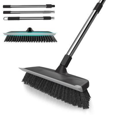 Heavy Duty Floor Scrub Brush with Long Handle, Adjustable Stainless Steel Handle, Stiff Bristles & Rubber Squeegee Scraper, Concrete Floor Scrubber for Cleaning Floor Concrete Deck Hardwood Patio Tile