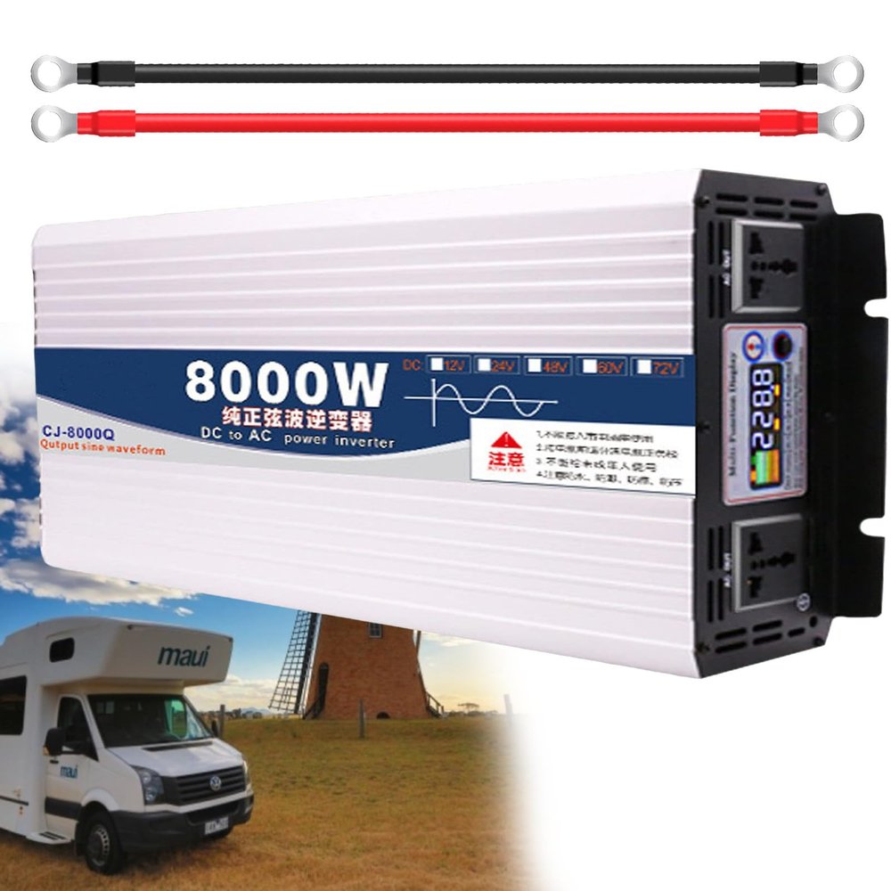 7000W Pure Sine Wave Power Inverter DC 12V/24V/48V/60V to 220V AC Converter with 2 AC Outlets Car Inverter and USB with AC Outlets Charge Laptop Phones,8000W-48V