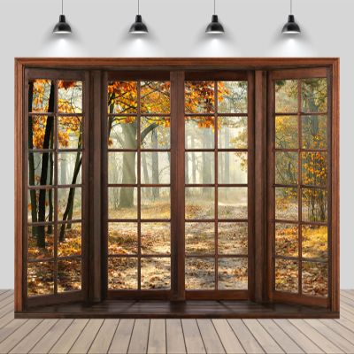 chnywork 5x3ft Autumn Window View Scenery Backdrop Vintage Wooden Window Falling Leaves Path Fall Forest Landscape Background Natural Wonderland Wedding Party Decor Photo Booth Props Wallpaper
