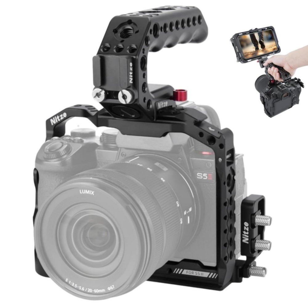 DirectNine Basics Nitze Cage Kit with Lil Stinger Handle, HDMI/USB-C Cable Clamp Built-in Arca QR Plate Compatible with Panasonic LUMIX S5 II Camera
