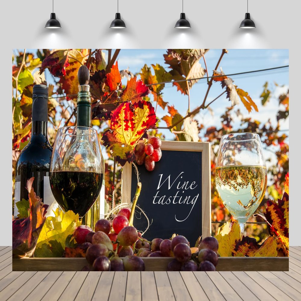 chnywork 7x5ft Wine Tasting Party Backdrop Red White Grape Wine Bottle Autumn Vineyards Scenery Background Grape Harvest Party Decorations Photo Booth Props Wallpaper