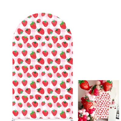 Pink Strawberry Stretchy Arch Cover Backdrop Photo Booth Background Birthday Baby Shower Baptism Party Decoration Curved Top Frame Spandex (GX-2667,5x3ft)
