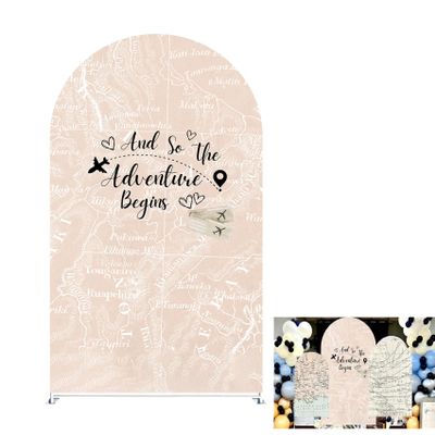 Adventure Awaits Party Arch Covers Photo Booth Maps Arched Backdrop Cover Stretchy Cover for Party Decoration Round Top Frame Spandex Cover (GX-2675,5x3ft)