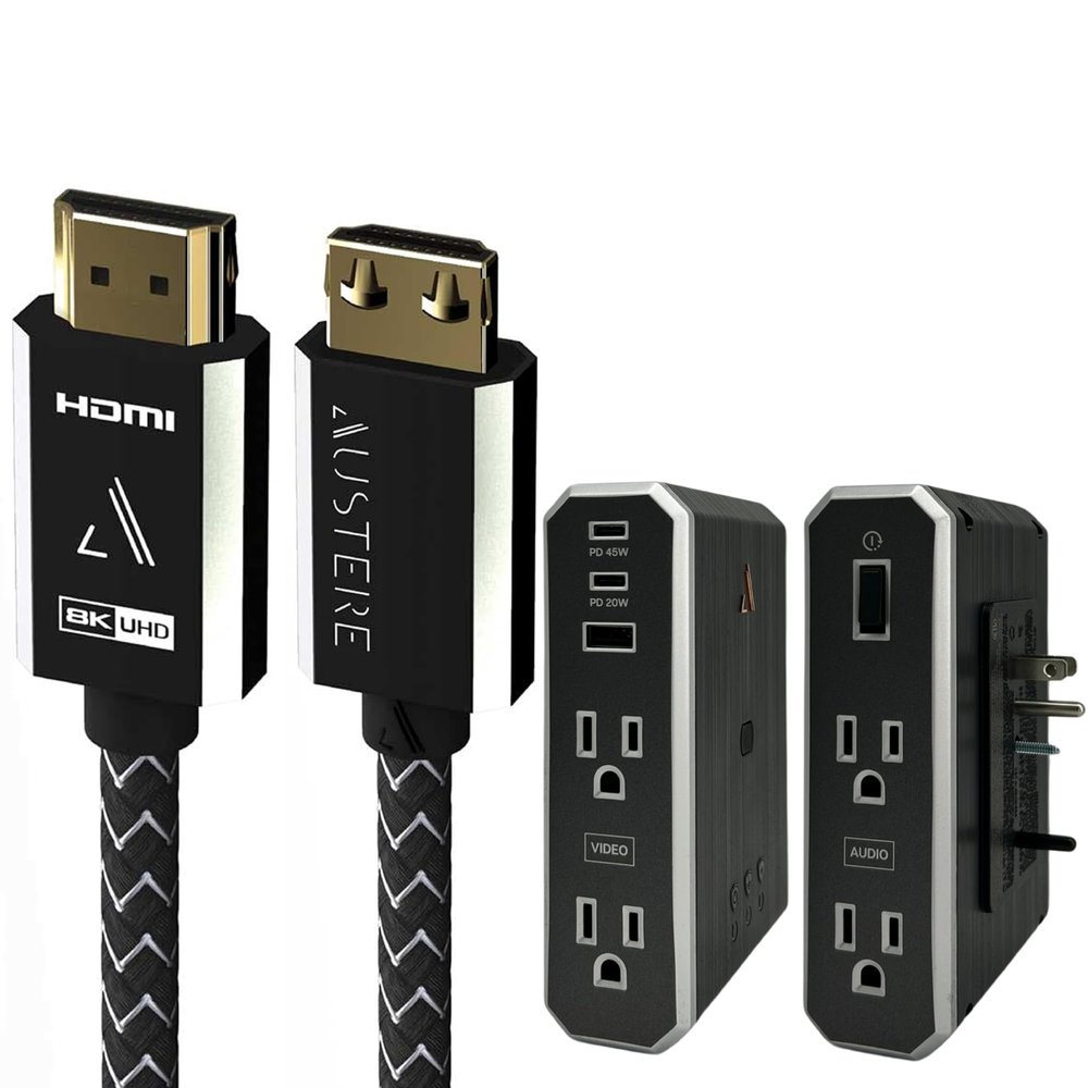 Austere VII Series Bundle- Outlet Extender Wall Charger Power Strip, 2 USB C & 1 USB A, 3500 Joules, 45W & 20W Power Delivery + Ultra High Speed 8K HDMI 1.5m 48Gbps, 8K60 & 4K120, Dynamic HDR, eARC