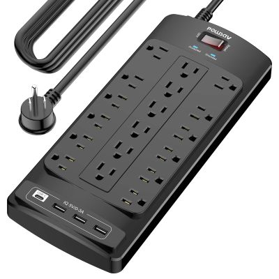 18 Outlets Surge Protector Power Strip - 20 Feet Flat Plug Heavy Duty Extension Cord with 18 Widely Outlets and 4 USB Ports, 2100 Joules, Black, ETL Listed