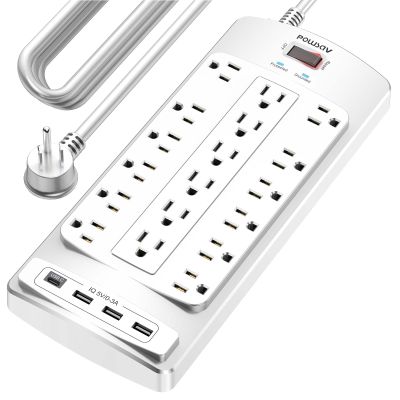 18 Outlets Surge Protector Power Strip - 20 Feet Flat Plug Heavy Duty Extension Cord with 18 Widely Outlets and 4 USB Ports, 2100 Joules, White, ETL Listed