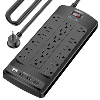 18 Outlets Surge Protector Power Strip - 15 Feet Flat Plug Heavy Duty Extension Cord with 18 Widely Outlets and 4 USB Ports, 2100 Joules, Black, ETL Listed