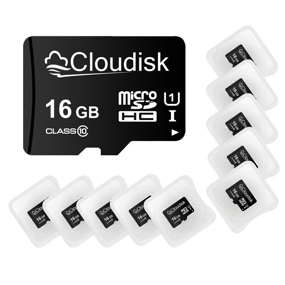 Cloudisk Pack of 10 Micro SD Card 16GB Flash Memory Card C10 A1 U1 Micro SDHC with SD Adapter, Card Reader (16GB)