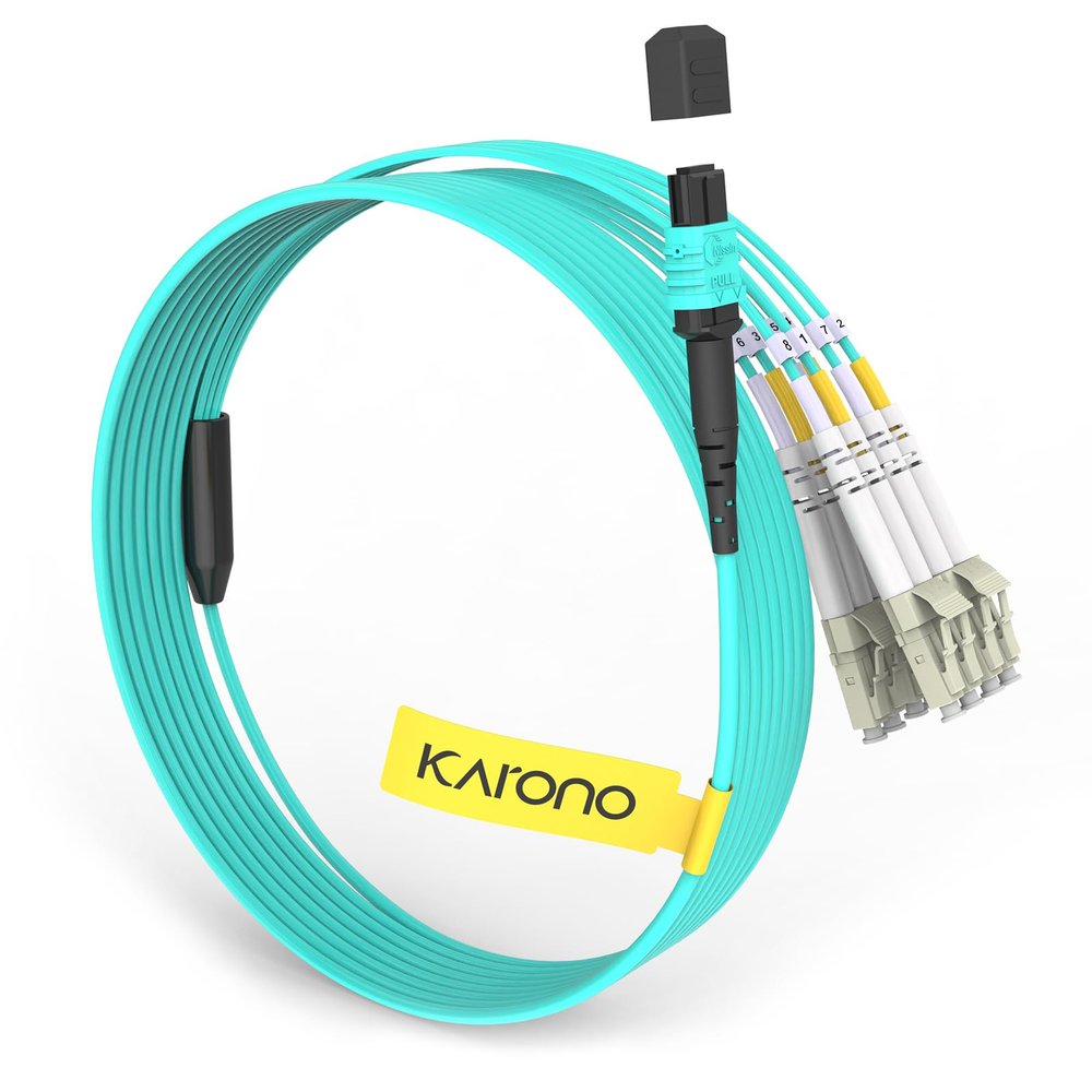 Karono MPO/MTP Fanout Patch Cable, MPO/MTP to 8 x LC (4 Duplex), 40GbE QSFP 40GBase-SR4, OM3 Breakout Fiber Optic Cable - Aqua, (23ft (7M))