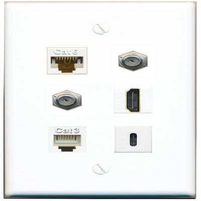 CAT6 2 Coax HDMI Phone USBC Flat/Solid Wall Plate [White]