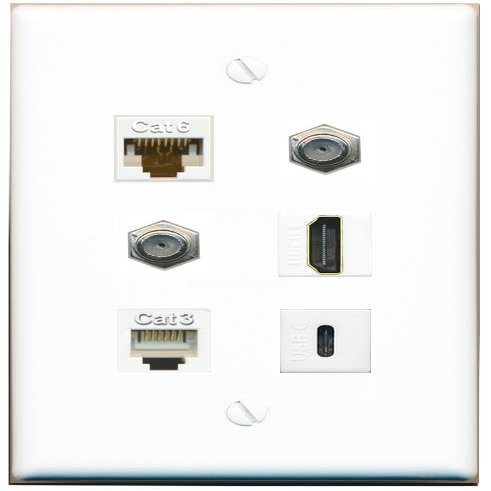CAT6 2 Coax HDMI Phone USBC Flat/Solid Wall Plate [White]