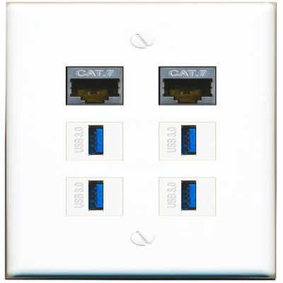 2 CAT7 4 USB-3 Flat/Solid Wall Plate [White]