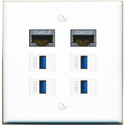 2 CAT7 4 USB-3 Flat/Solid Wall Plate [White]
