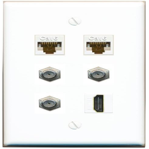 2 CAT6 3 Coax HDMI Flat/Solid Wall Plate [White]