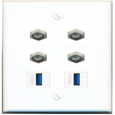 4 Coax 2 USB-3 Flat/Solid Wall Plate [White]