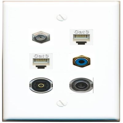 3.5mm Coax 2 Phone RCA-Blue TOSLINK Flat/Solid Wall Plate [White]