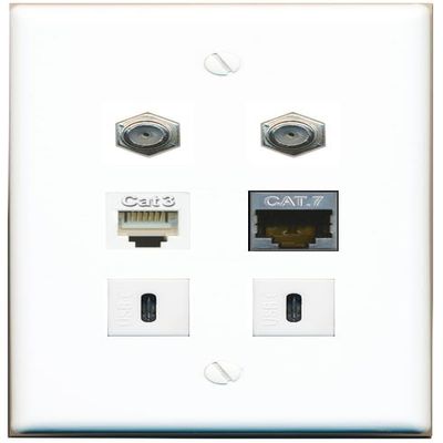 CAT7 2 Coax Phone 2 USBC Flat/Solid Wall Plate [White]