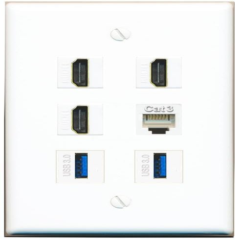 3 HDMI Phone 2 USB-3 Flat/Solid Wall Plate [White]
