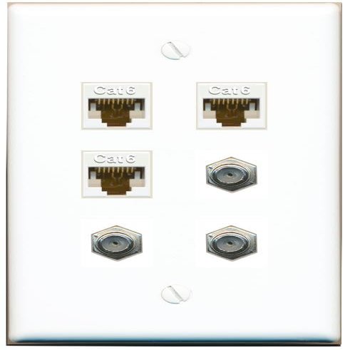 3 CAT6 3 Coax Flat/Solid Wall Plate [White]